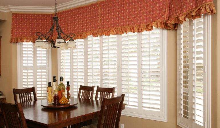 White shutters in Southern California dining room.
